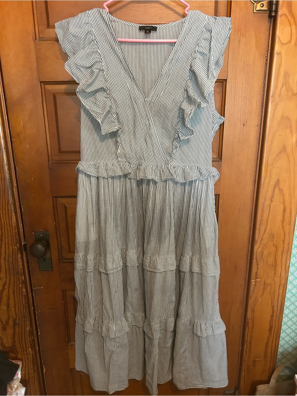J. Crew Blue and White Striped Ruffle Maxi Dress